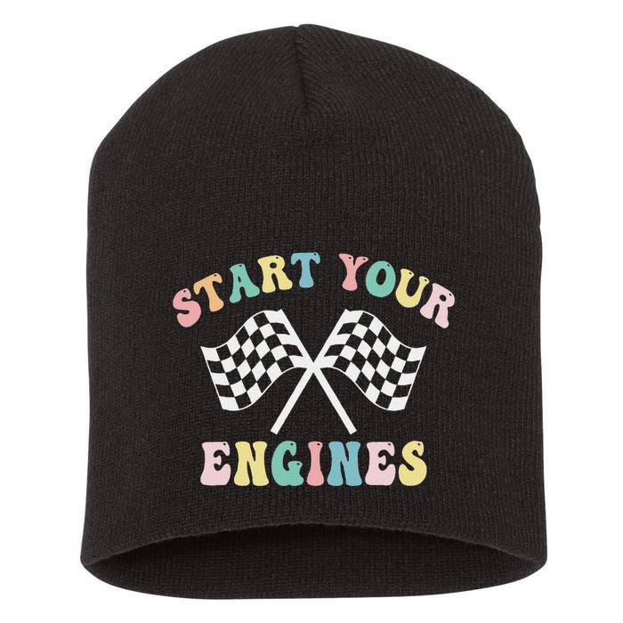 Start Your Engines Groovy Checkered Flag Retro Racing Short Acrylic Beanie