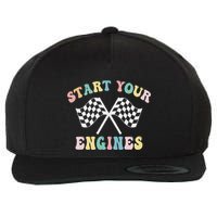 Start Your Engines Groovy Checkered Flag Retro Racing Wool Snapback Cap