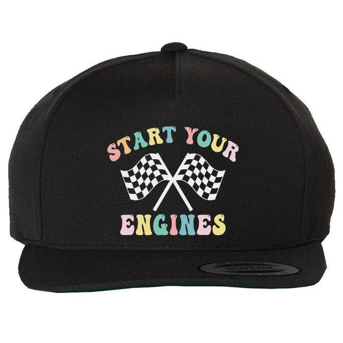 Start Your Engines Groovy Checkered Flag Retro Racing Wool Snapback Cap