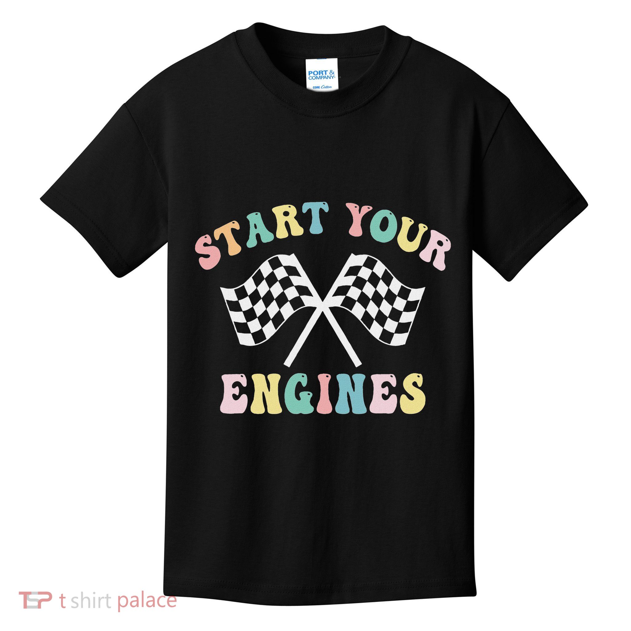 Start Your Engines Groovy Checkered Flag Retro Racing Kids T-Shirt