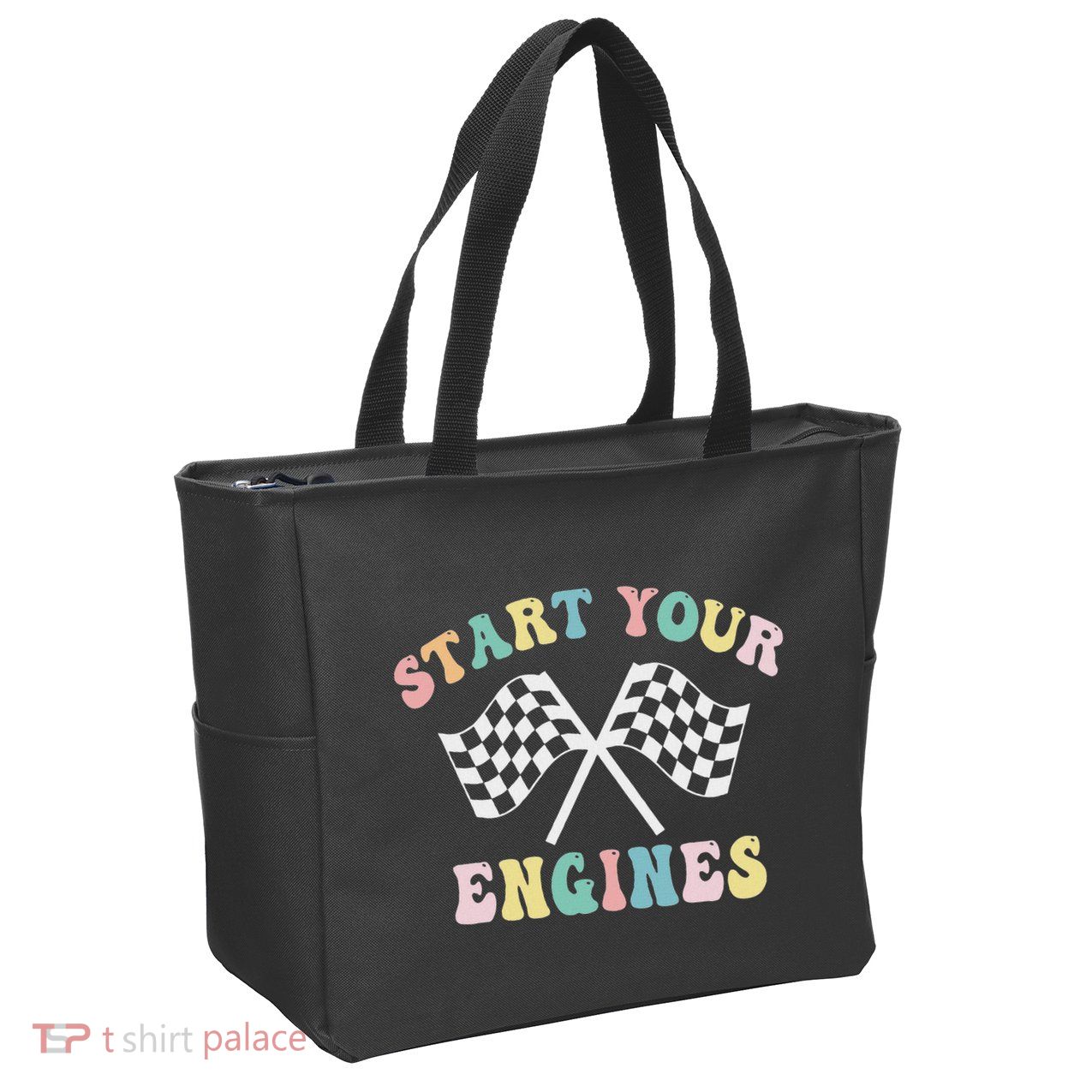 Start Your Engines Groovy Checkered Flag Retro Racing Zip Tote Bag