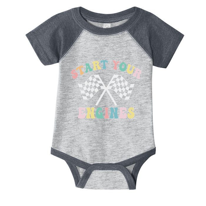 Start Your Engines Groovy Checkered Flag Retro Racing Infant Baby Jersey Bodysuit