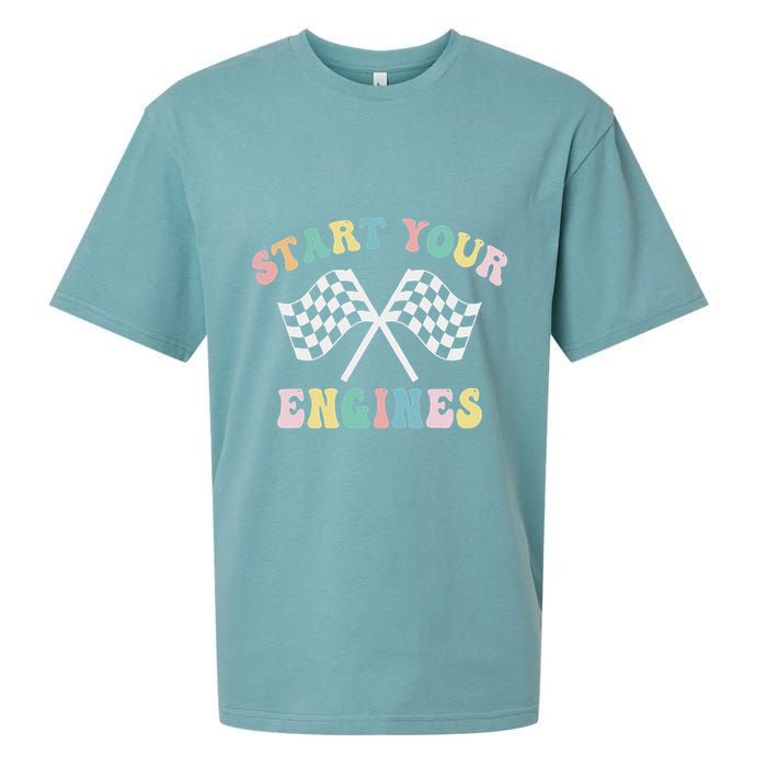 Start Your Engines Groovy Checkered Flag Retro Racing Sueded Cloud Jersey T-Shirt