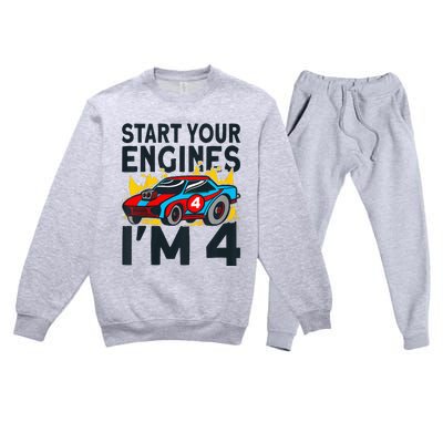 Start You Engines IM 4 Race Car 4th Birthday Race Car Premium Crewneck Sweatsuit Set