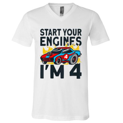 Start You Engines IM 4 Race Car 4th Birthday Race Car V-Neck T-Shirt