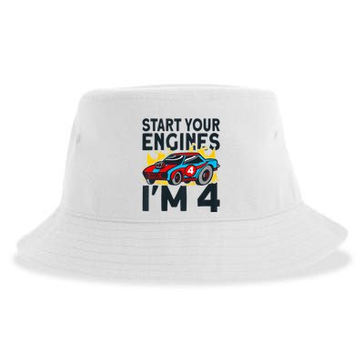 Start You Engines IM 4 Race Car 4th Birthday Race Car Sustainable Bucket Hat