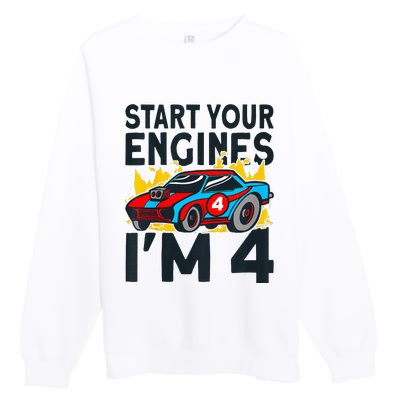 Start You Engines IM 4 Race Car 4th Birthday Race Car Premium Crewneck Sweatshirt