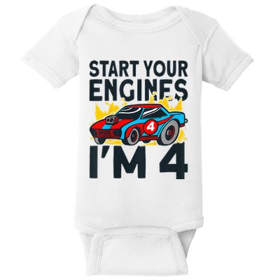 Start You Engines IM 4 Race Car 4th Birthday Race Car Baby Bodysuit