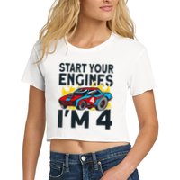 Start You Engines IM 4 Race Car 4th Birthday Race Car Women's Crop Top Tee