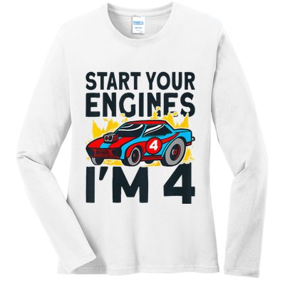 Start You Engines IM 4 Race Car 4th Birthday Race Car Ladies Long Sleeve Shirt