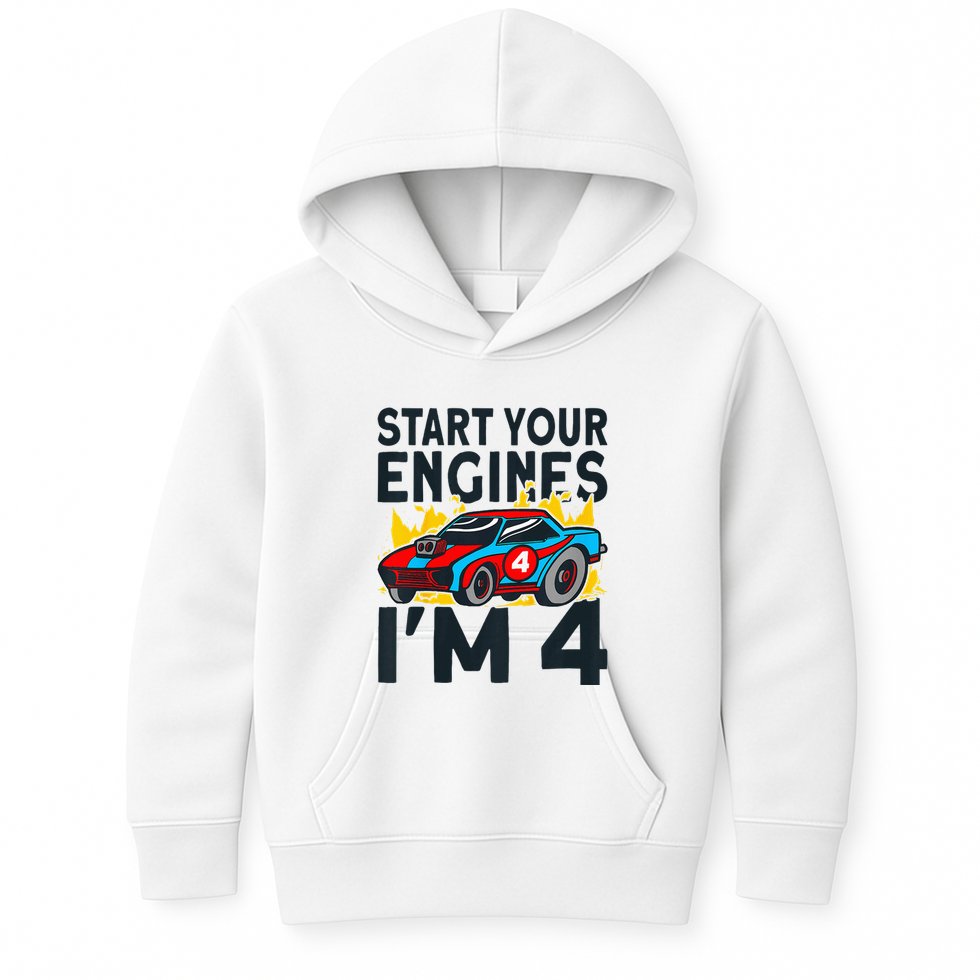 Start You Engines IM 4 Race Car 4th Birthday Race Car Kids Hoodie