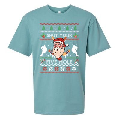 Shut Your Five Hole Ice Hockey Santa Ugly Christmas Hockey Gift Sueded Cloud Jersey T-Shirt