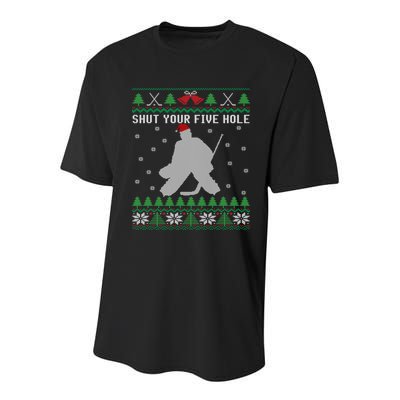 Shut Your Five Hole Ice Hockey Goalie Ugly Christmas Cool Gift Youth Performance Sprint T-Shirt