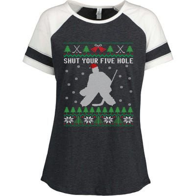 Shut Your Five Hole Ice Hockey Goalie Ugly Christmas Cool Gift Enza Ladies Jersey Colorblock Tee