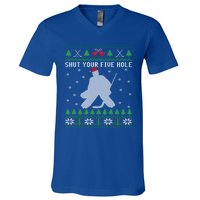 Shut Your Five Hole Ice Hockey Goalie Ugly Christmas Cool Gift V-Neck T-Shirt