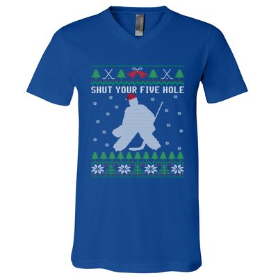 Shut Your Five Hole Ice Hockey Goalie Ugly Christmas Cool Gift V-Neck T-Shirt