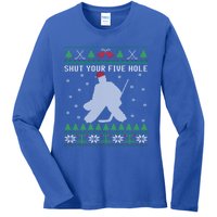 Shut Your Five Hole Ice Hockey Goalie Ugly Christmas Cool Gift Ladies Long Sleeve Shirt