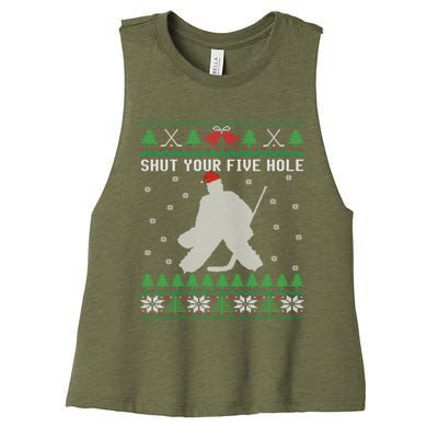 Shut Your Five Hole Ice Hockey Goalie Ugly Christmas Cool Gift Women's Racerback Cropped Tank