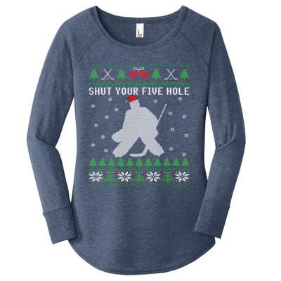 Shut Your Five Hole Ice Hockey Goalie Ugly Christmas Cool Gift Women's Perfect Tri Tunic Long Sleeve Shirt