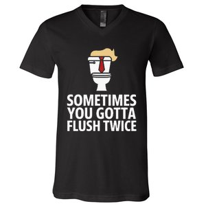 Sometimes You Gotta Flush Twice Funny Kamala Harris Walz V-Neck T-Shirt