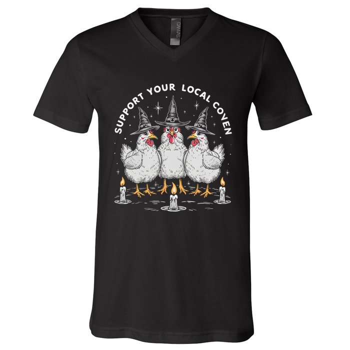 Support Your Local Coven Funny Farm Witch Chicken Halloween V-Neck T-Shirt