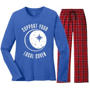 Support Your Local Coven Moon Wiccan Witch Pagan Meaningful Gift Women's Long Sleeve Flannel Pajama Set 