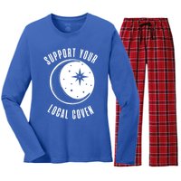 Support Your Local Coven Moon Wiccan Witch Pagan Meaningful Gift Women's Long Sleeve Flannel Pajama Set 