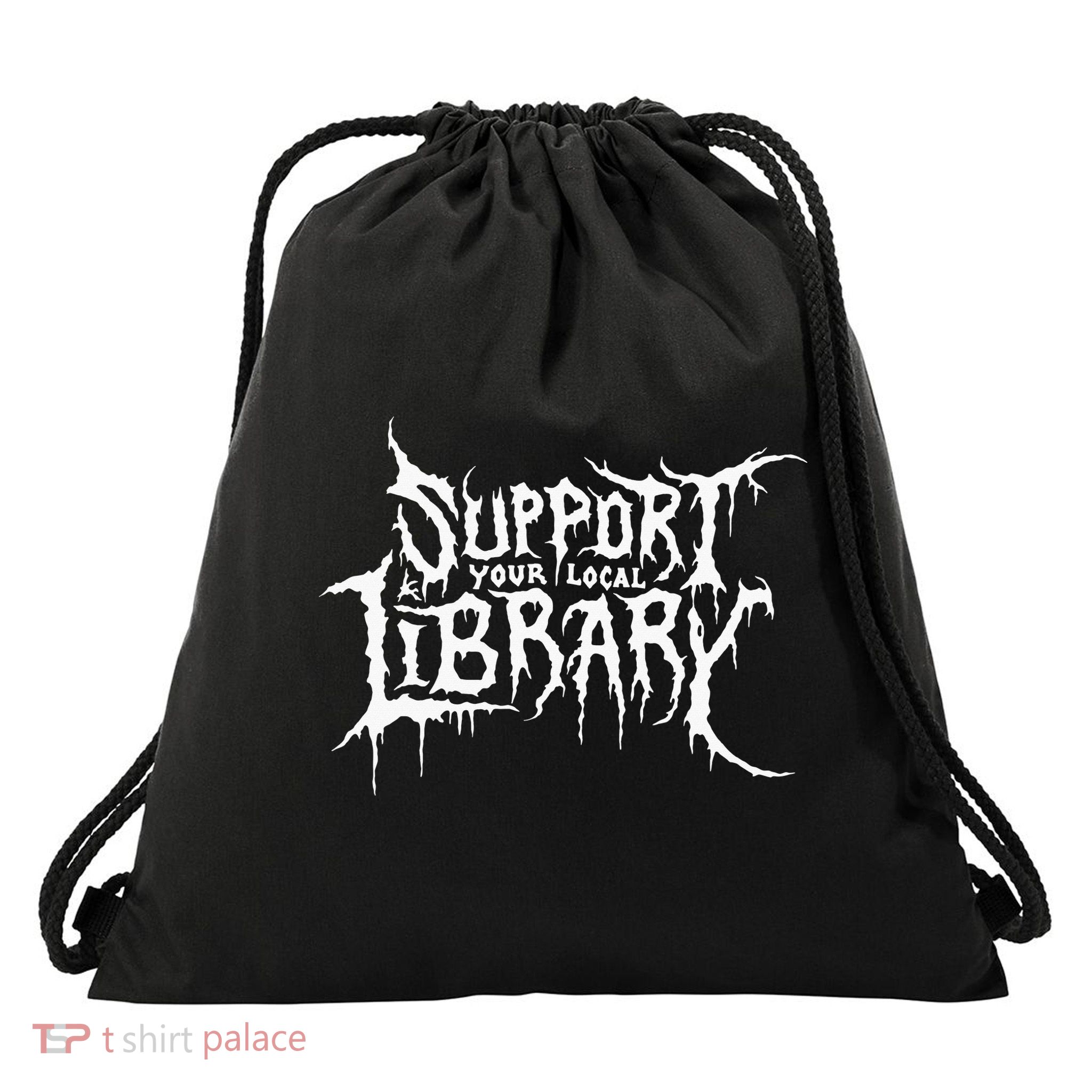 Support Your Local Library Metal Theme Drawstring Bag