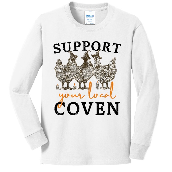 Support Your Local Coven Funny Farm Witch Chicken Halloween Kids Long Sleeve Shirt