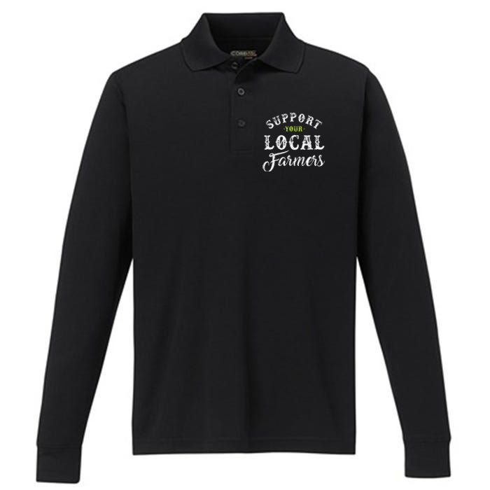 Support Your Local Farmer Retro Style Tractor Performance Long Sleeve Polo