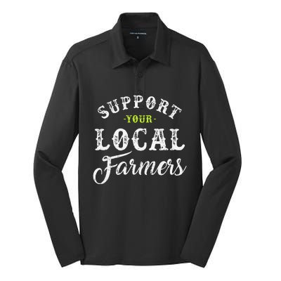 Support Your Local Farmer Retro Style Tractor Silk Touch Performance Long Sleeve Polo