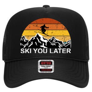 Ski You Later Skiing Retro Sunset Mountain High Crown Mesh Back Trucker Hat