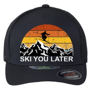 Ski You Later Skiing Retro Sunset Mountain Flexfit Unipanel Trucker Cap