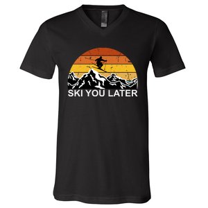 Ski You Later Skiing Retro Sunset Mountain V-Neck T-Shirt