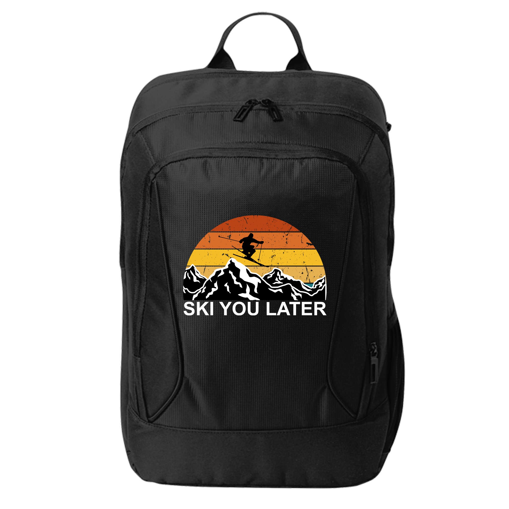 Ski You Later Skiing Retro Sunset Mountain City Backpack