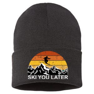 Ski You Later Skiing Retro Sunset Mountain Sustainable Knit Beanie