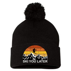 Ski You Later Skiing Retro Sunset Mountain Pom Pom 12in Knit Beanie