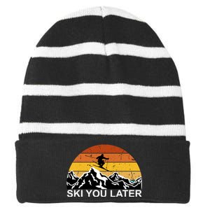 Ski You Later Skiing Retro Sunset Mountain Striped Beanie with Solid Band