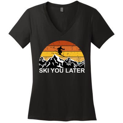 Ski You Later Skiing Retro Sunset Mountain Women's V-Neck T-Shirt