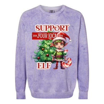 Support Your Local Elf Candy Cane Christmas Tree Gift Colorblast Crewneck Sweatshirt