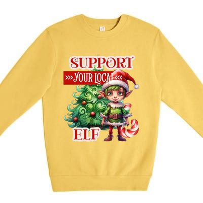 Support Your Local Elf Candy Cane Christmas Tree Gift Premium Crewneck Sweatshirt