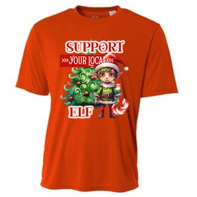 Support Your Local Elf Candy Cane Christmas Tree Gift Cooling Performance Crew T-Shirt