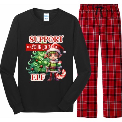 Support Your Local Elf Candy Cane Christmas Tree Gift Long Sleeve Pajama Set