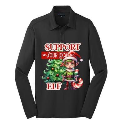 Support Your Local Elf Candy Cane Christmas Tree Gift Silk Touch Performance Long Sleeve Polo