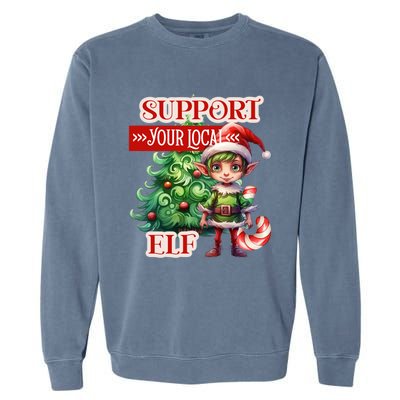 Support Your Local Elf Candy Cane Christmas Tree Gift Garment-Dyed Sweatshirt