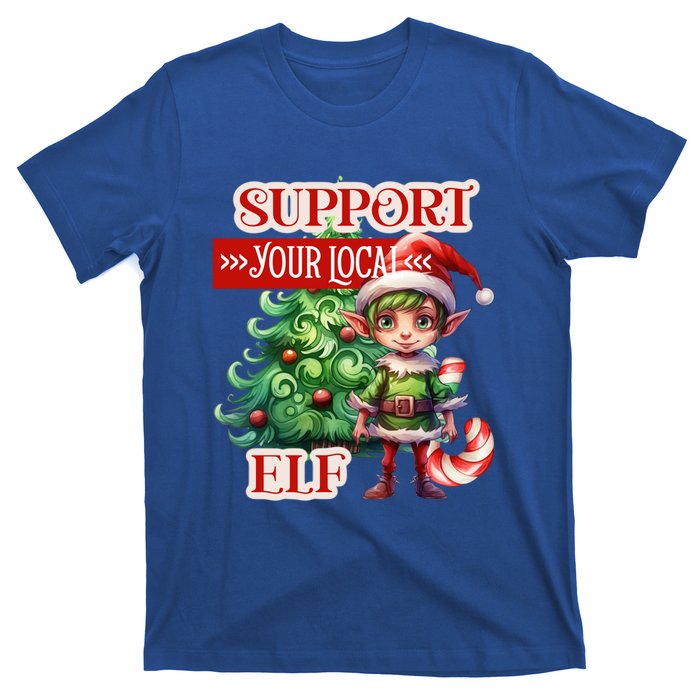 Support Your Local Elf Candy Cane Christmas Tree Gift T-Shirt