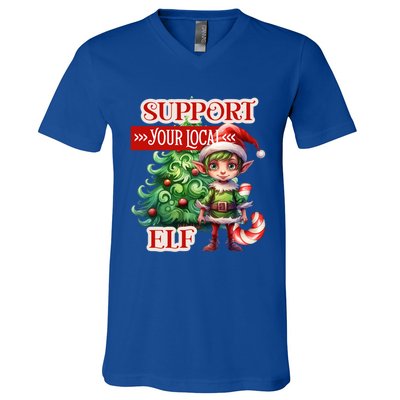 Support Your Local Elf Candy Cane Christmas Tree Gift V-Neck T-Shirt