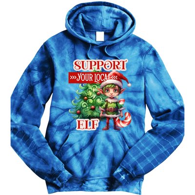 Support Your Local Elf Candy Cane Christmas Tree Gift Tie Dye Hoodie