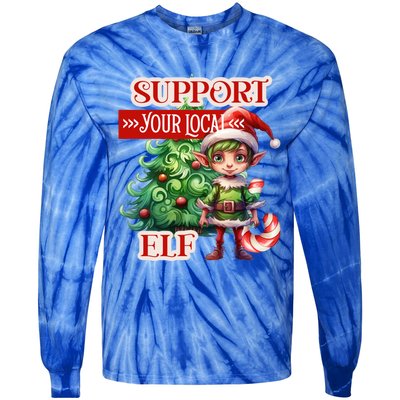 Support Your Local Elf Candy Cane Christmas Tree Gift Tie-Dye Long Sleeve Shirt