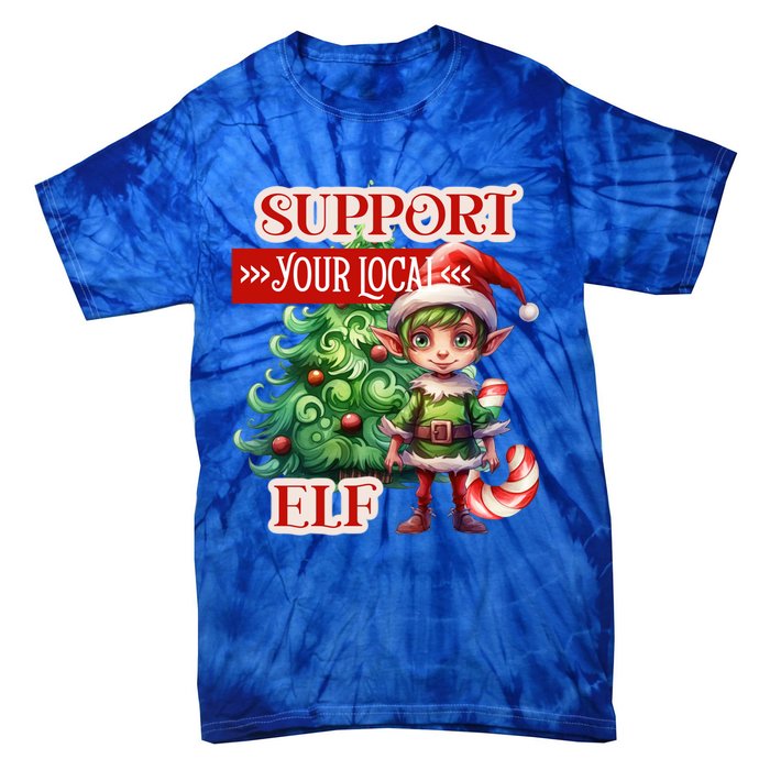 Support Your Local Elf Candy Cane Christmas Tree Gift Tie-Dye T-Shirt